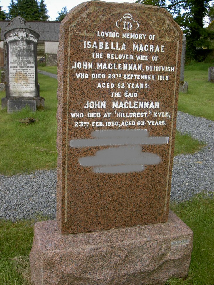 Photo of headstones/John MacLennan d1950 hdstn Lochalsh Kirkton